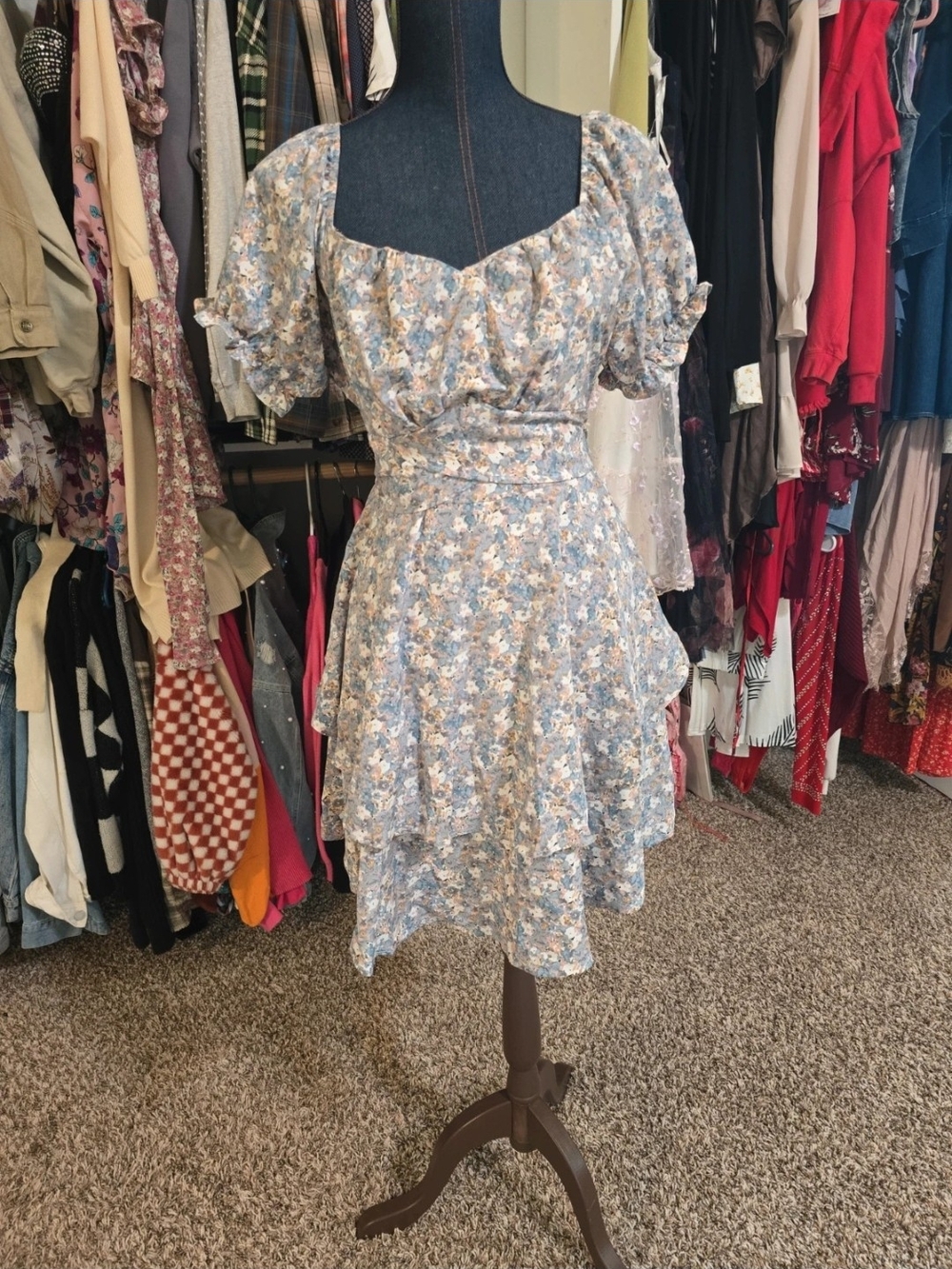 Wildfox Blue Floral Puff-Sleeve Tiered Mini Dress